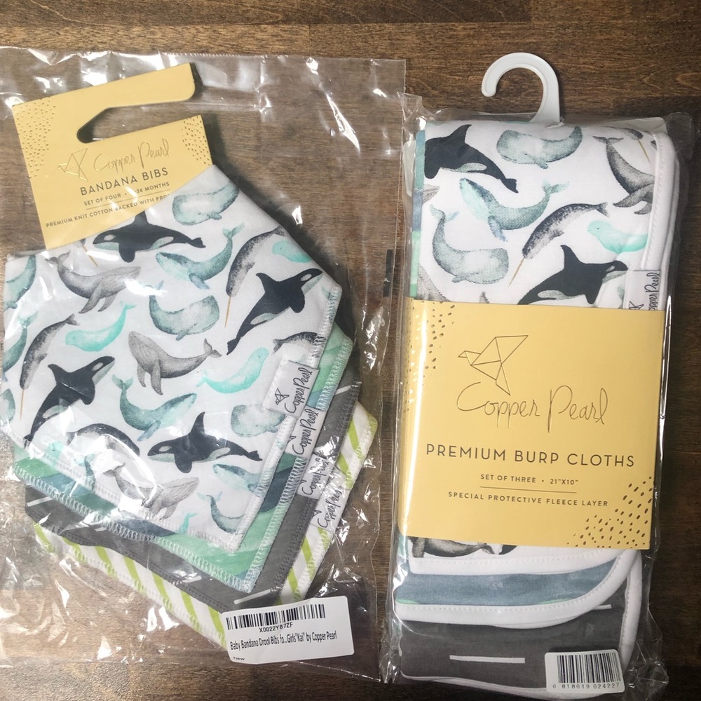 Copper Pearl bibs and burp cloths
